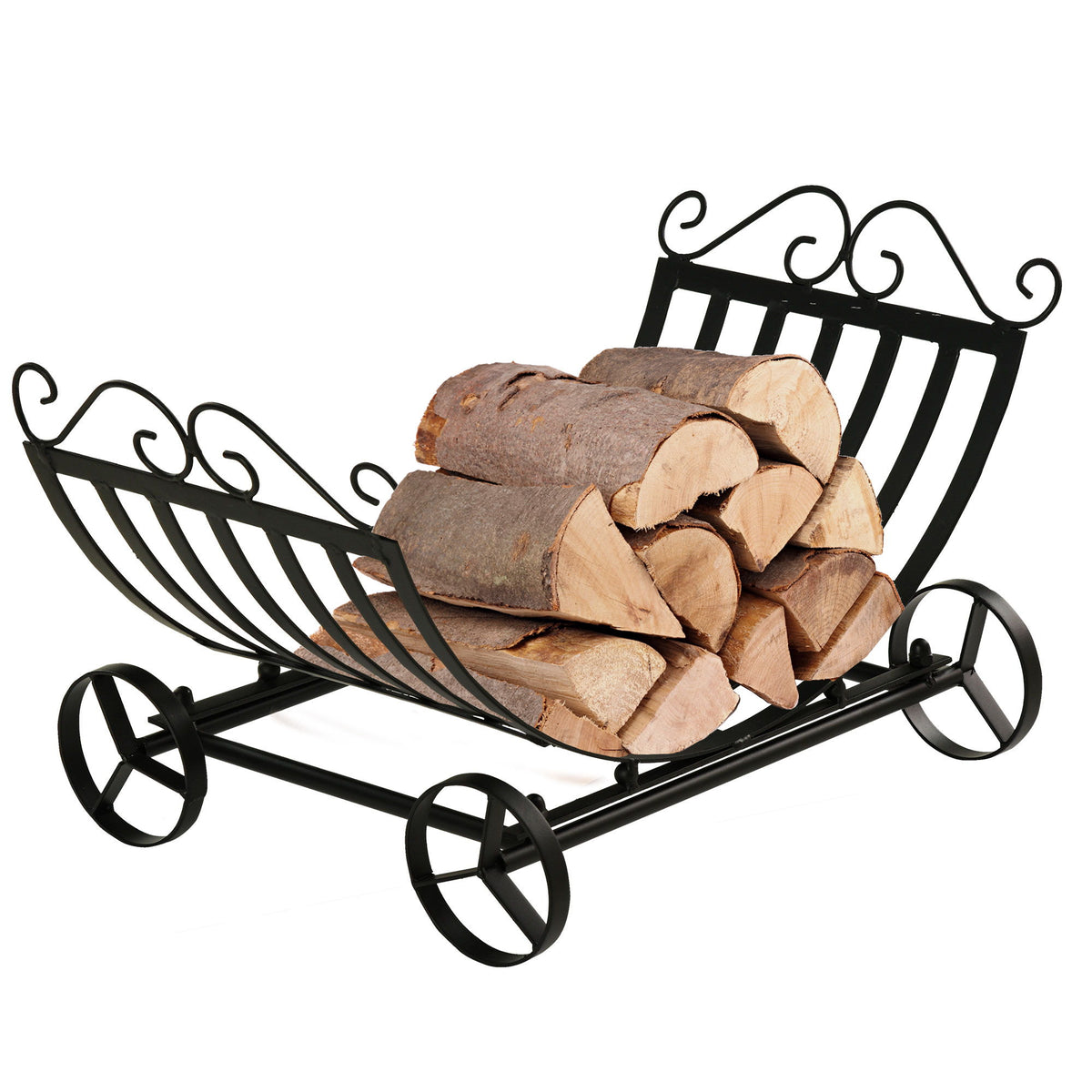 23" Firewood Log Rack Curved Fireplace Log Holder Stylish Wood Storage Carrier with Scrolls, for Outdoor and Indoor Use, Black