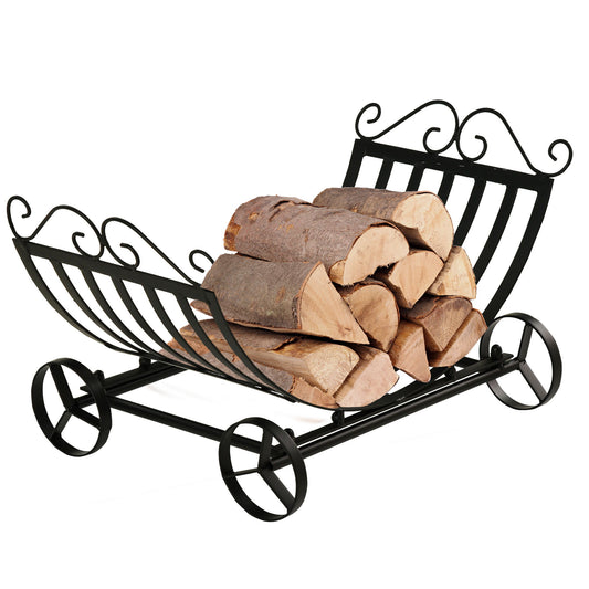 23" Firewood Log Rack Curved Fireplace Log Holder Stylish Wood Storage Carrier with Scrolls, for Outdoor and Indoor Use, Black