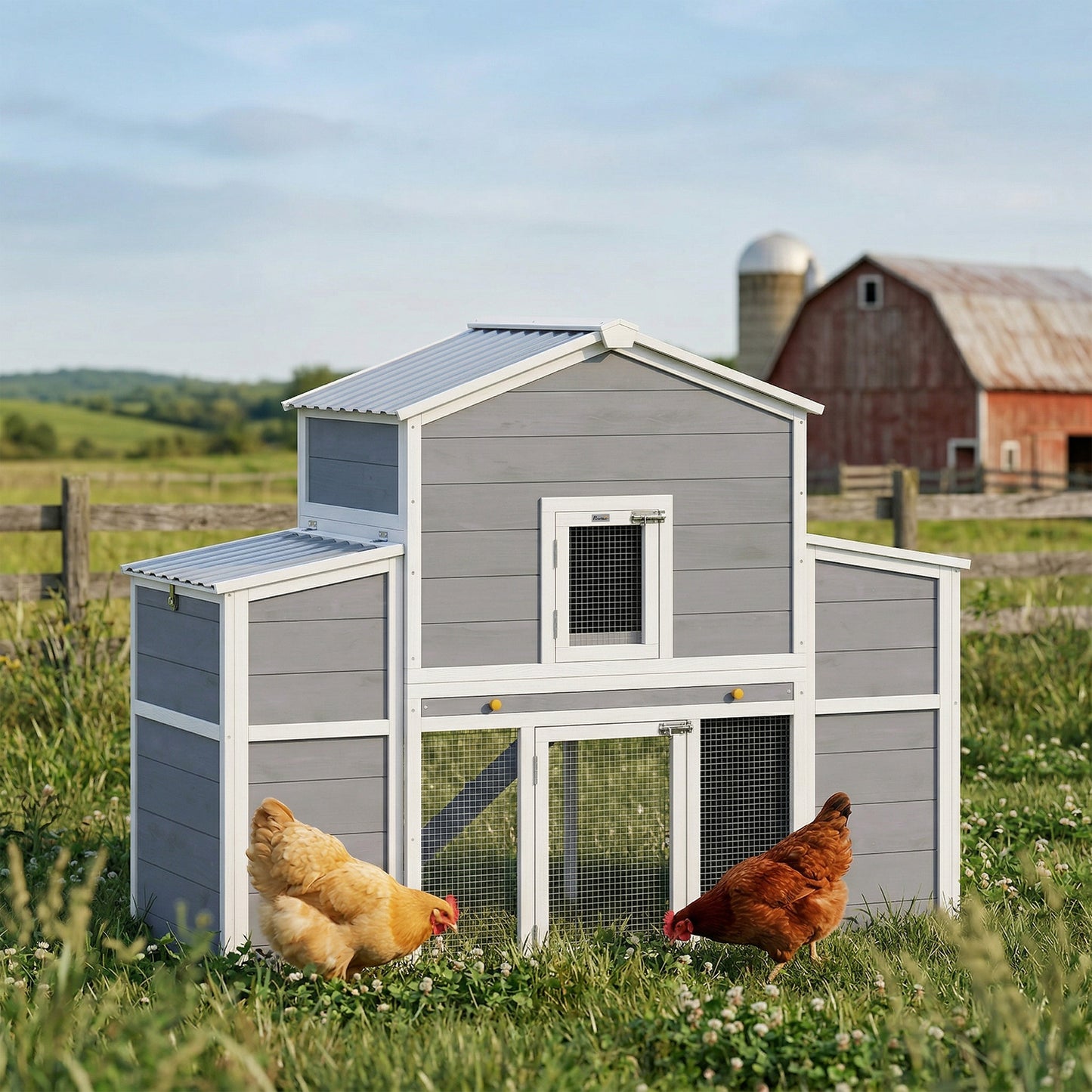 66.5" Large Chicken Coop, Wooden Chicken House with 2 Nesting Boxes, Sliding Tray & Ramp, for Outdoor Backyard Farm