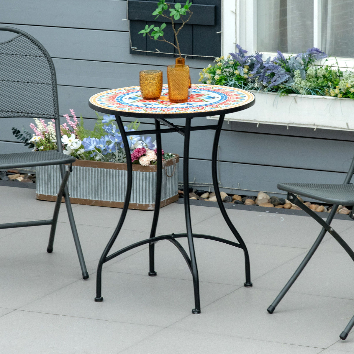 Mosaic Patio Table, Round Coffee Table with Metal Frame, Garden Furniture for Outdoor, Poolside, Red
