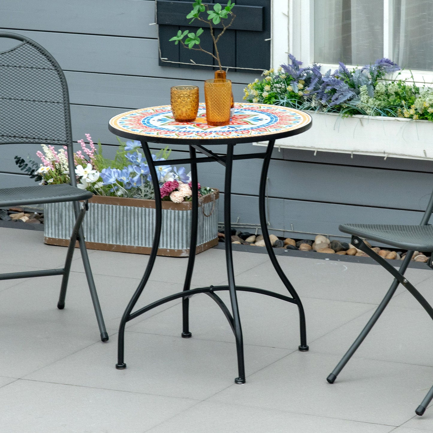 Mosaic Patio Table, Round Coffee Table with Metal Frame, Garden Furniture for Outdoor, Poolside, Red