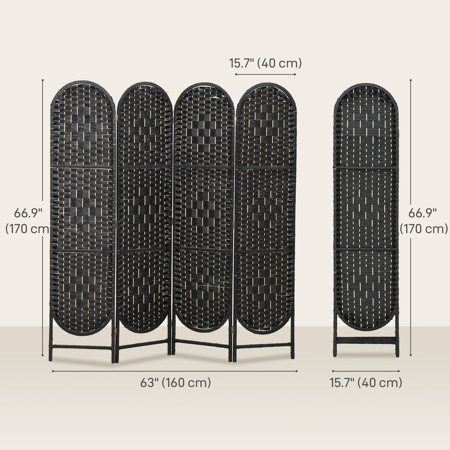 Bohemian Privacy Screen, Folding Room Divider with 4 Panels and Arched Top for Bedroom Living Room Office, Black