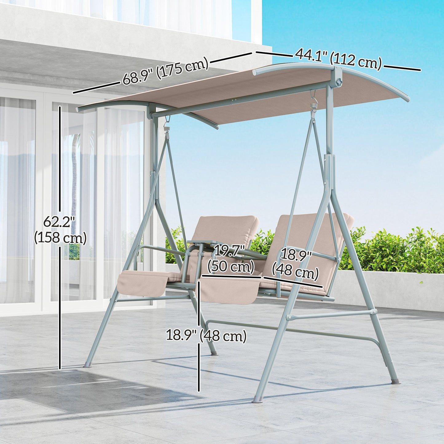 Double Outdoor Swing Chair 2 Person Covered Swing Porch Swing w/ Pivot Table and Storage Console, Beige
