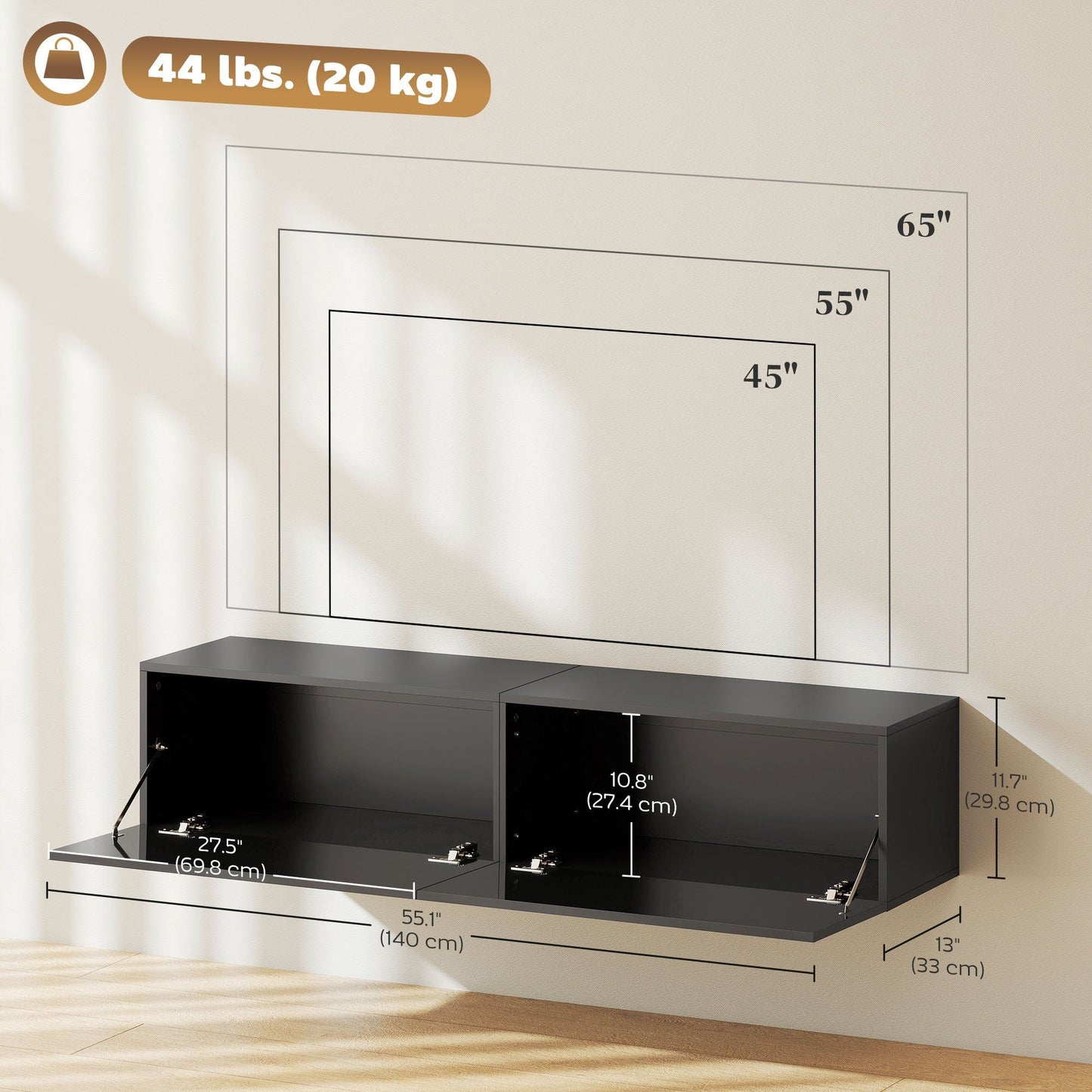 Floating TV Stand with Storage Cupboards - Black