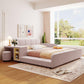 Queen Size Upholstered Platform Bed with Bedside Desk and Round Stool, Low-Profile Bed with Safety Rails, 85'' L x 73'' W x 29'' H, Pink