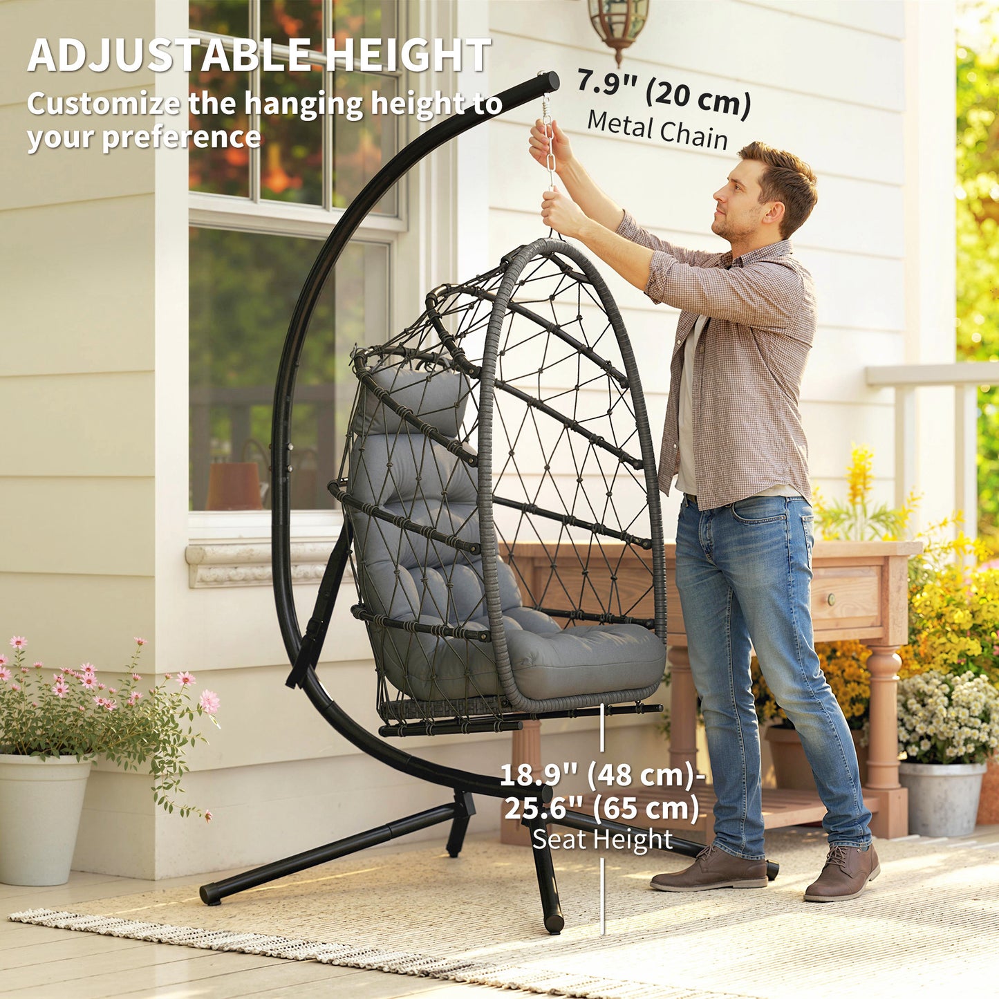 Hanging Egg Chair with Stand, Foldable Wicker Rattan Swing Chair with Thick Cushion and Safety Rope, Grey