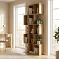 5-Tier Bookshelf, S Shaped Geometric Bookcase with 15 Compartments, Oak