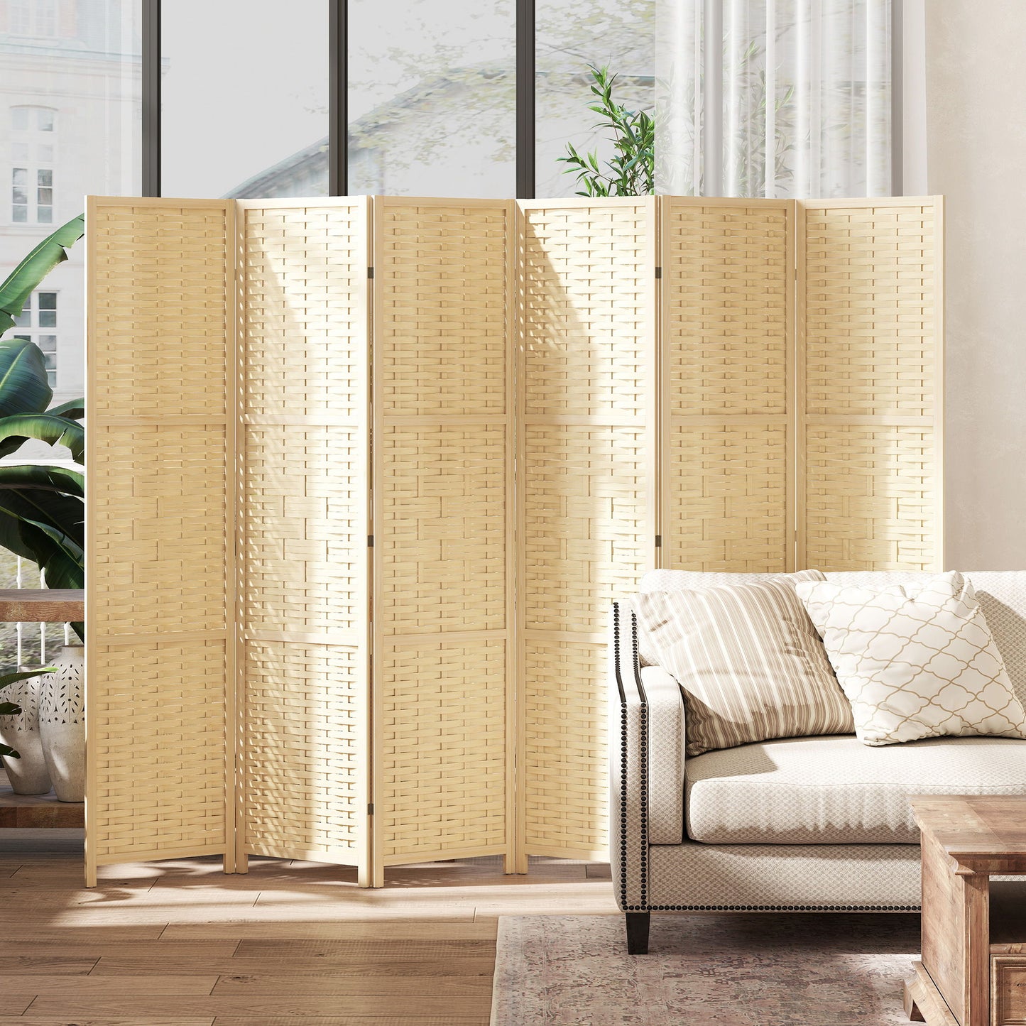 6-Panel Room Divider, 5.6 FT Freestanding Folding Privacy Screen, Partition Wall Divider, Natural Wood