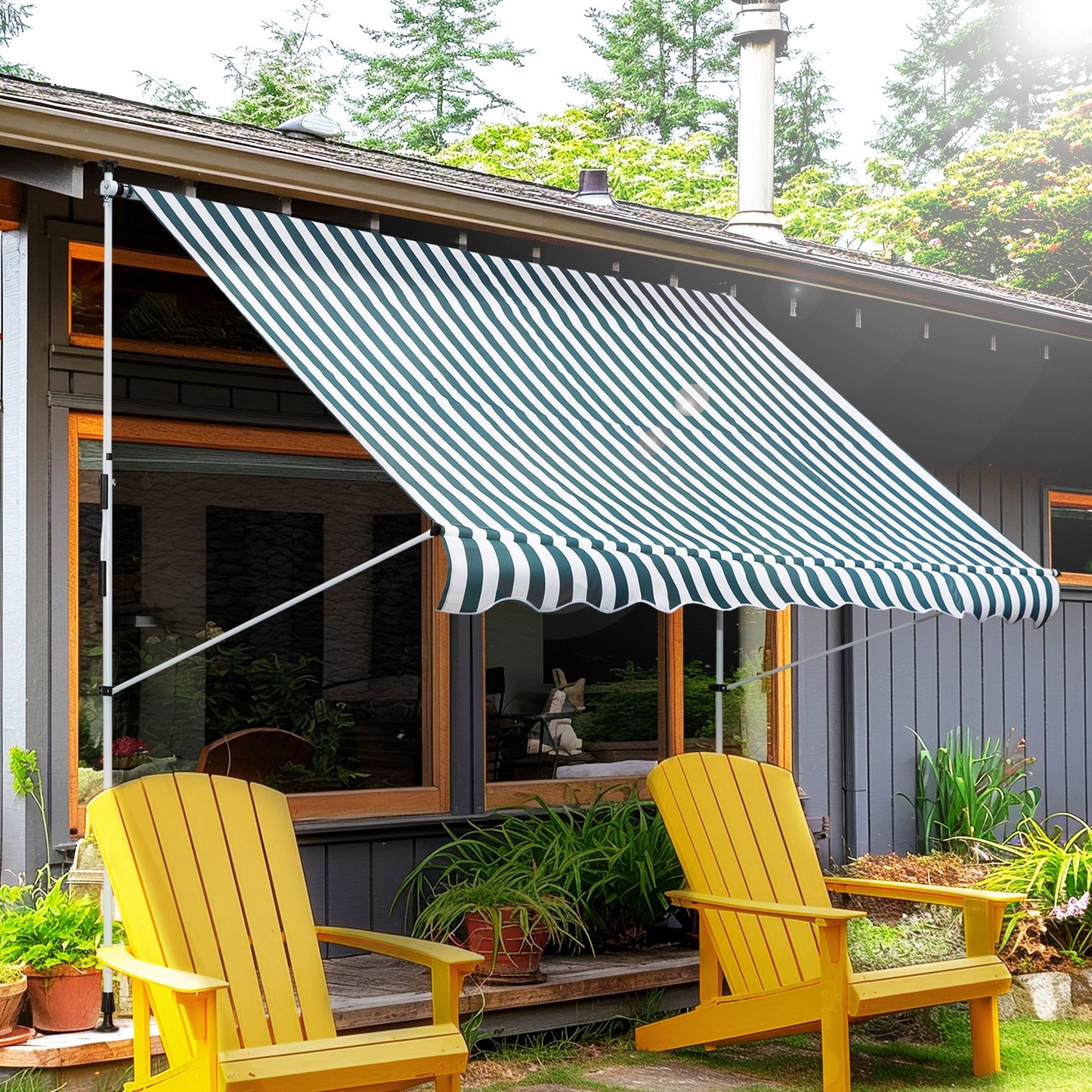 10x5ft Manual Retractable Awning, Patio Sun Shade Canopy Shelter with 5.6-9.2ft Support Pole, Water Resistant UV Protector, for Window, Door, Porch, Deck, Green