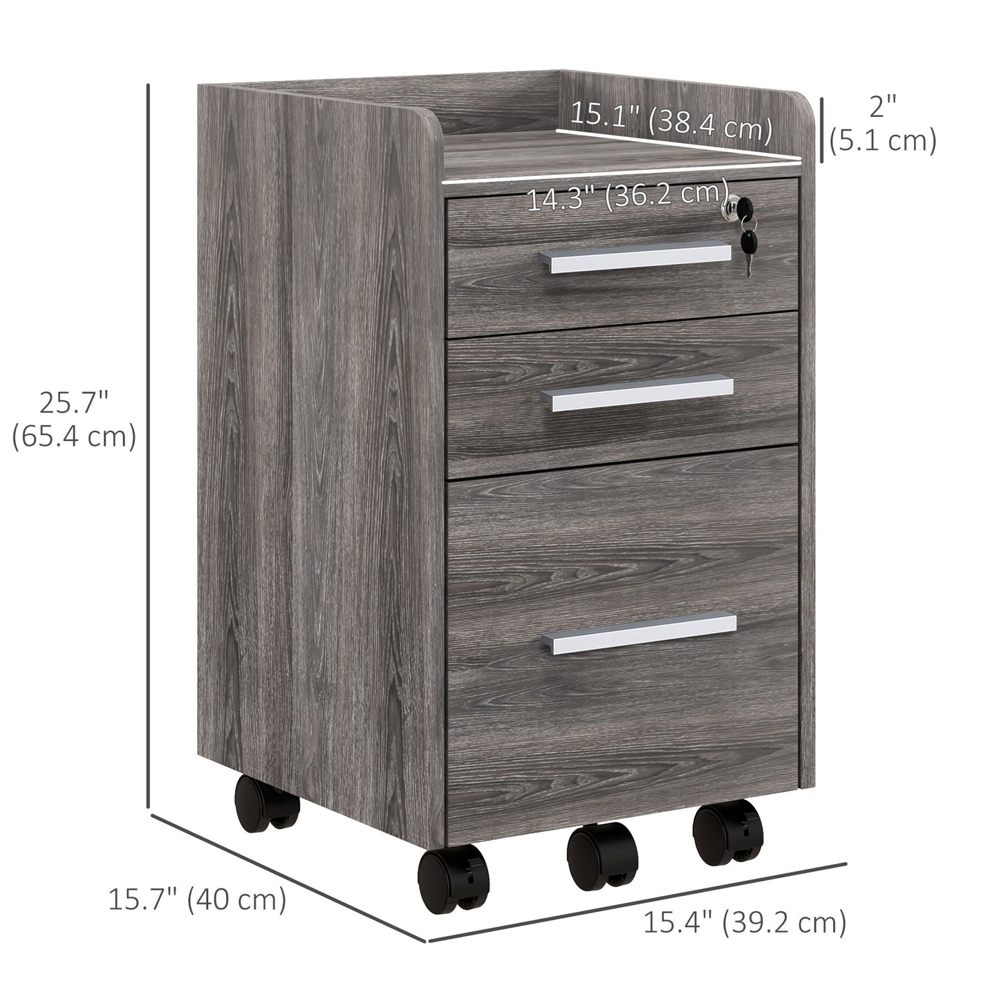 3 Drawer Vertical File Cabinet, Mobile Filing Cabinet with Lock and Wheels for A4, Letter Size, Grey