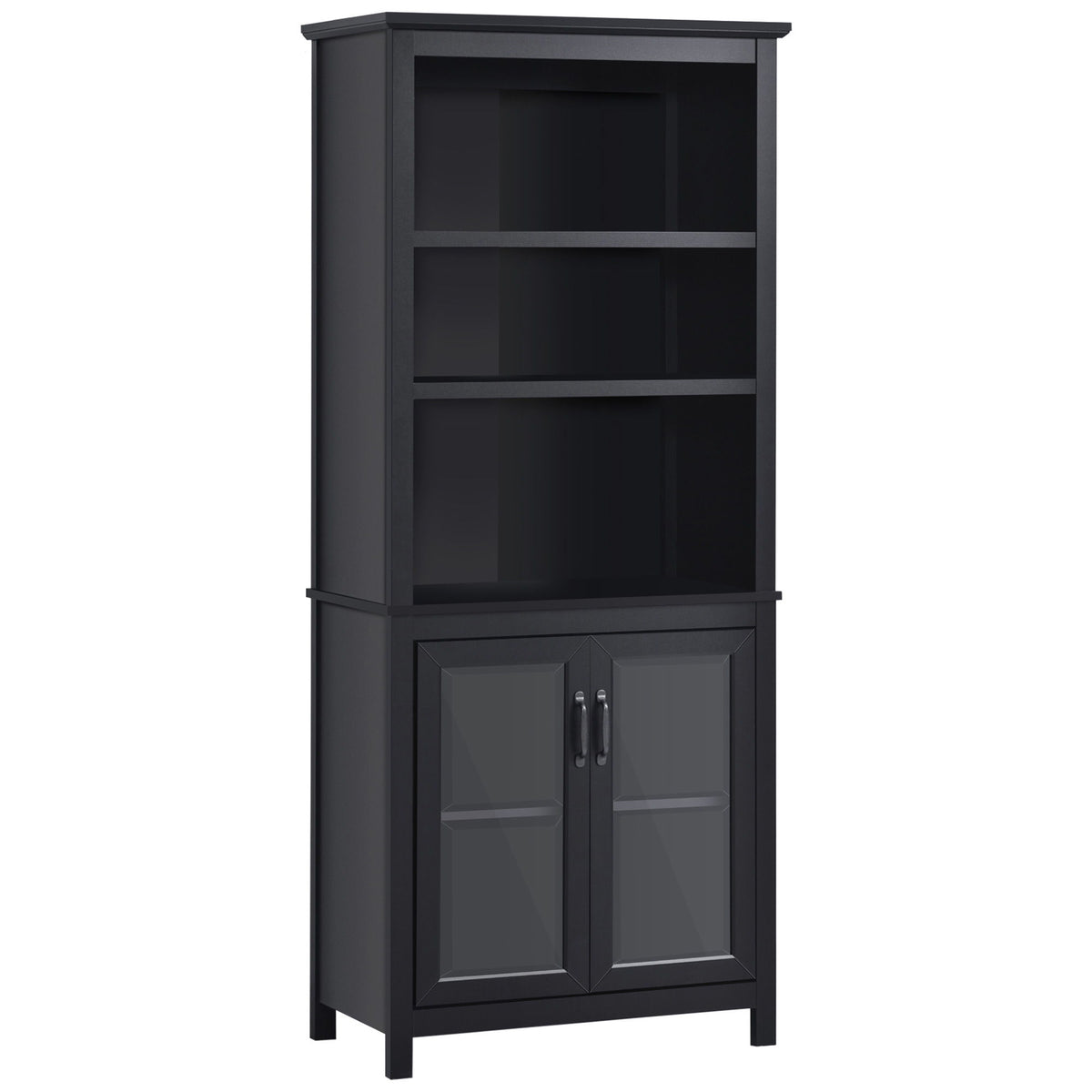 3-Tier Multifunctional Bookcase, Storage Bookshelf, Display Shelves with Glass Doors, Open Compartments and Adjustable Shelves for Home Office, Living Room, Study, Black