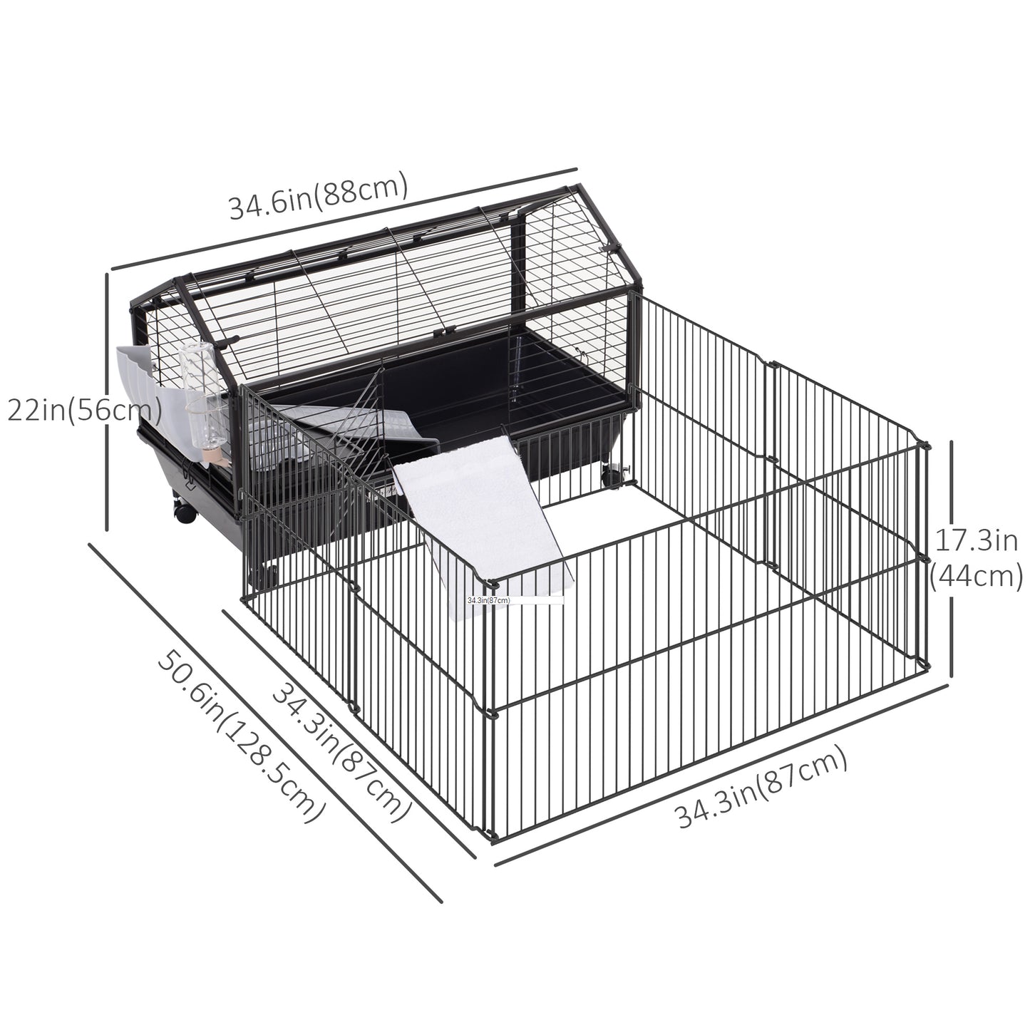 Guinea Pig Cage with Foldable Detachable Playpen, Rolling Rabbit Chinchilla Hedgehog Bunny Cage Small Animal Habitat with Water Bottle, Hay Feeder