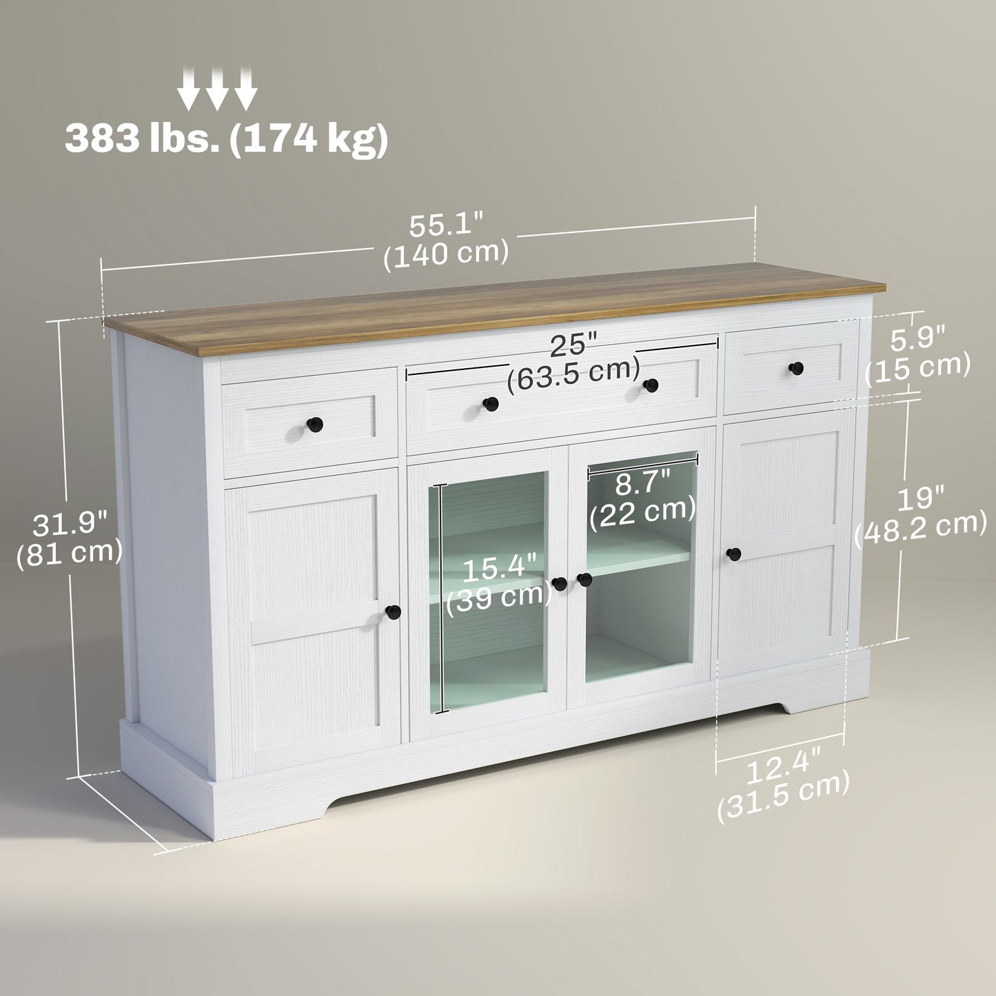Sideboard Buffet Cabinet with Storage, Coffee Bar Cabinet with Glass Doors and Adjustable Shelves, Distressed White