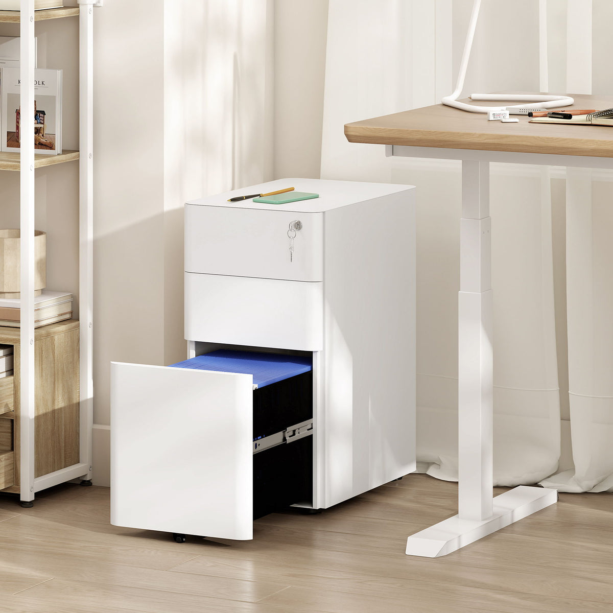 3 Drawer Filing Cabinet, Lockable Steel Office Storage Cabinet with Hanging Bar for Letter, A4, Legal Files, White