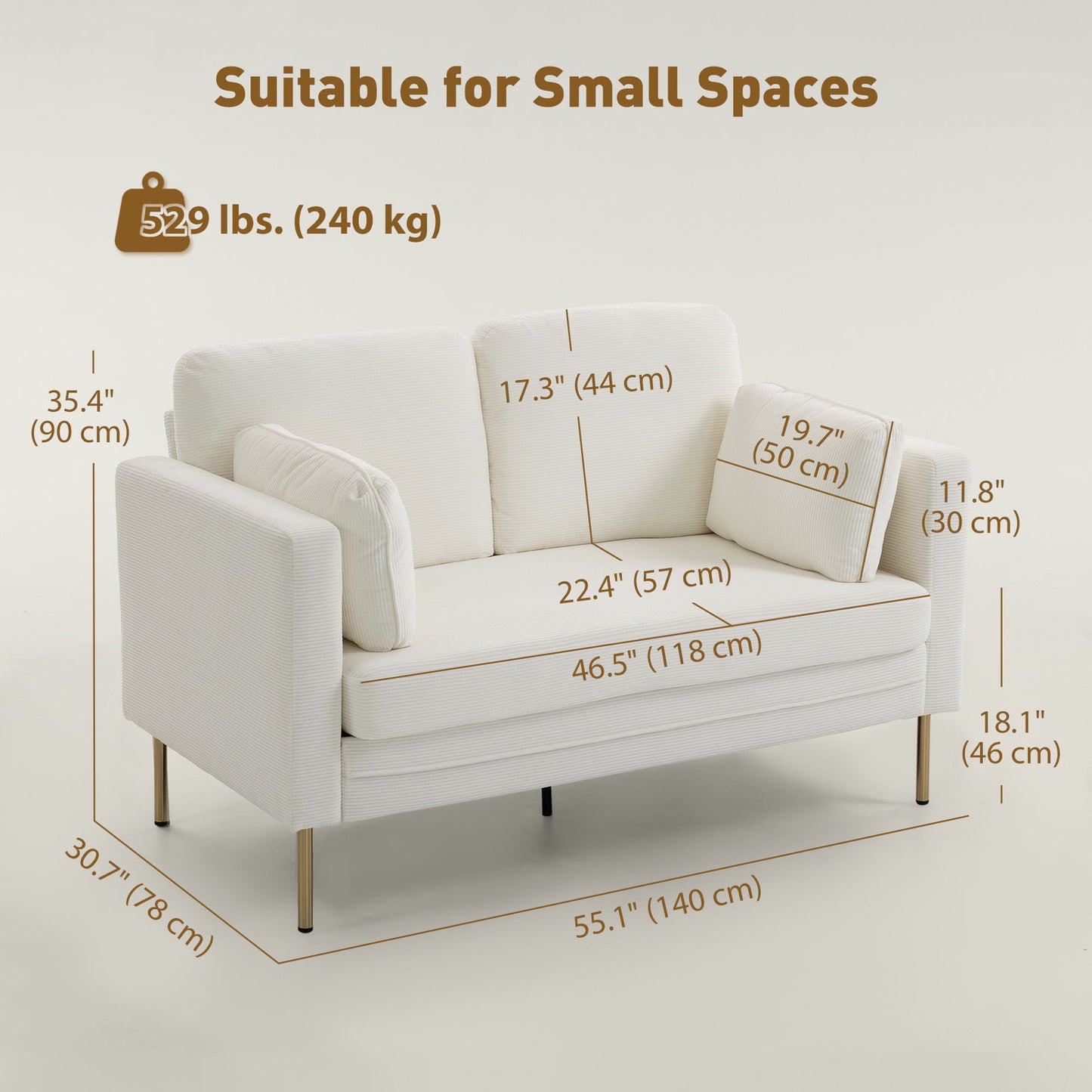 Loveseat Sofa, 55" Small Sofa Couch with 2 Pillows, Metal Legs for Living Room, Bedroom, Apartment, Cream White