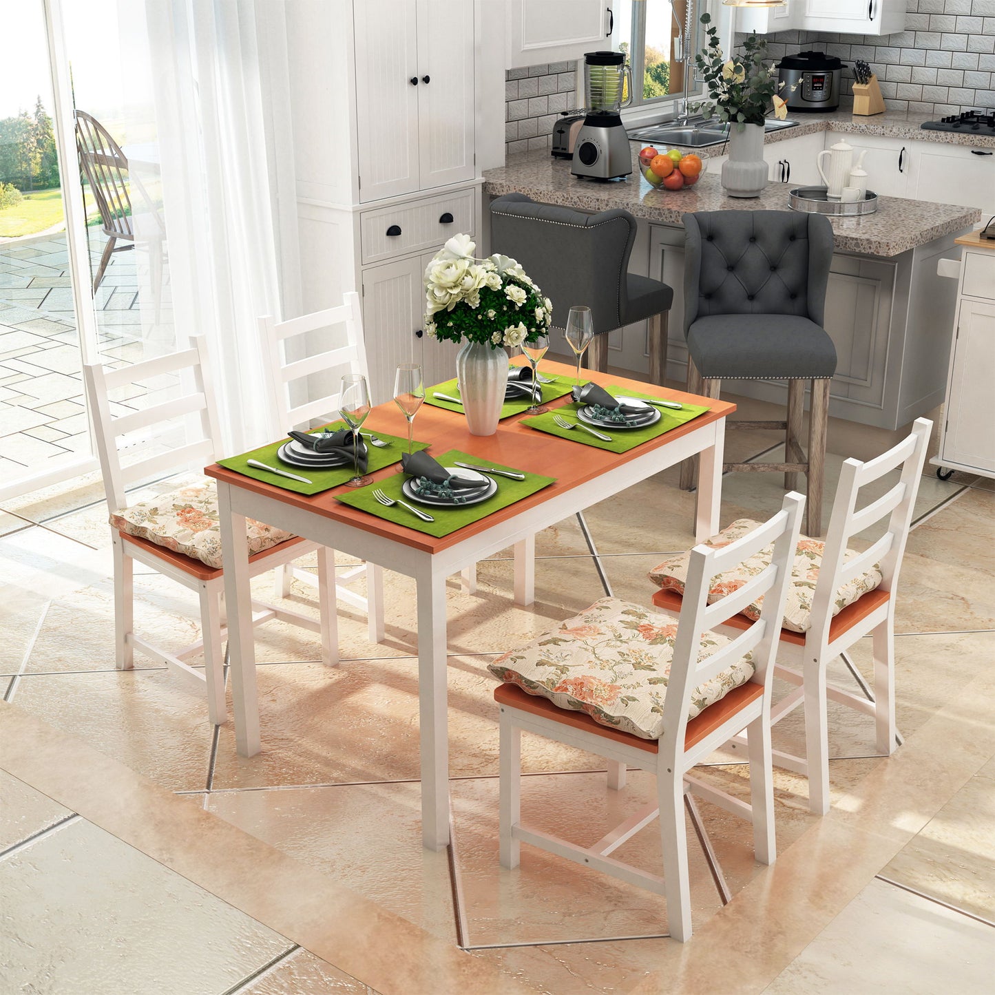 Dining Table Set for 4, 5 Piece Pine Wood Kitchen Table with High Back Chairs, Rectangular Table and 4 Armless Chair, White and Natural Wood