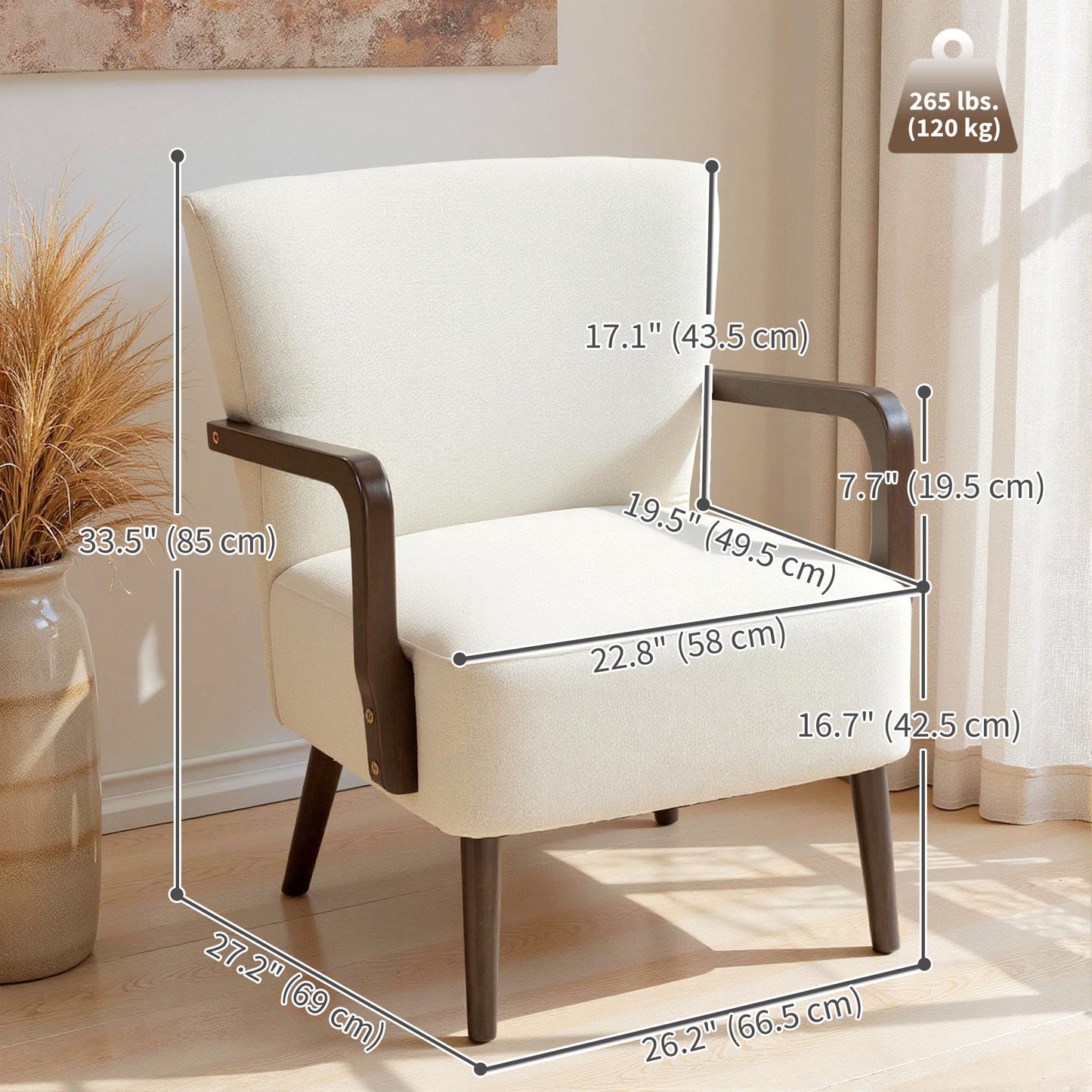 Accent Chair with Wooden Legs, Linen Fabric Armchair with Thick Padding, Comfy Chair for Living Room, Cream White