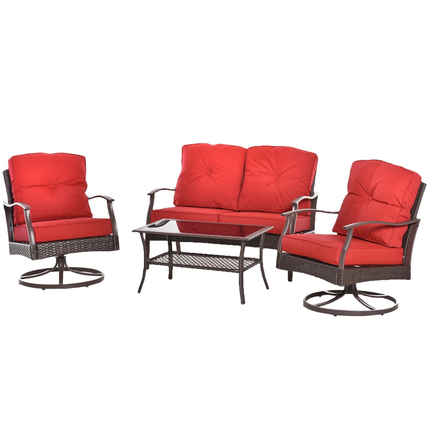 4 PCS Patio PE Rattan Wicker Chair Set Outdoor Conversation Furniture w/ Two Tier Tea Table & Cushions, Red