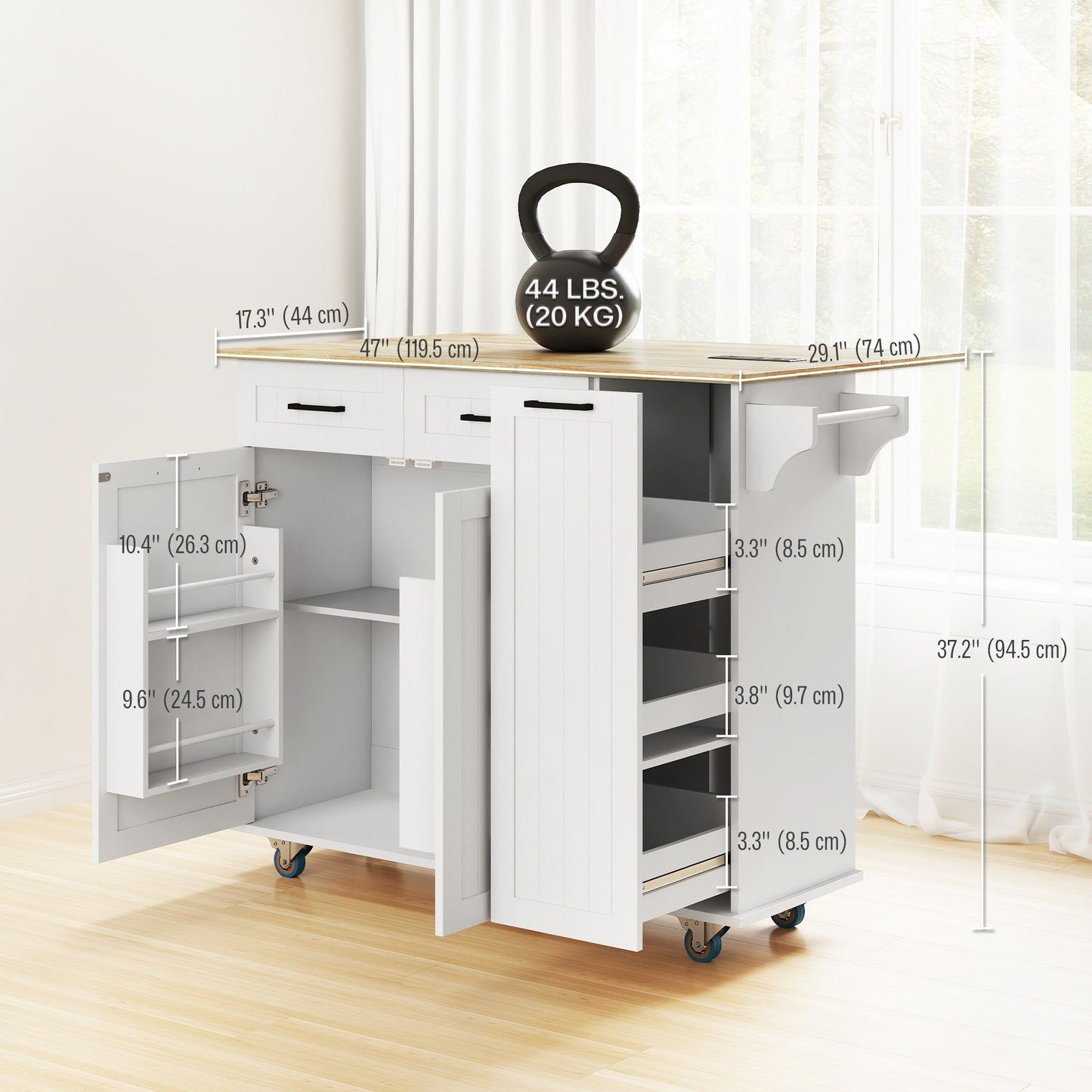 Rolling Kitchen Island with Drop Leaf and Charging Station - White