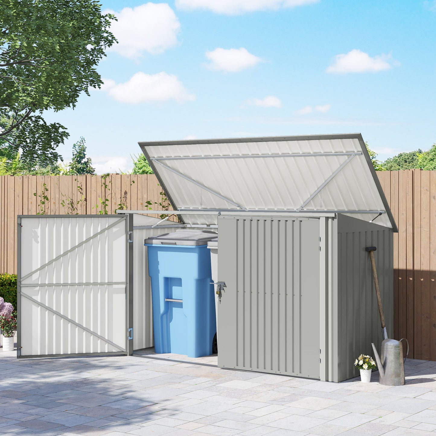 7.6 x 3.4ft Outdoor Storage Shed, 3 Garbage Bin Shed Organizer with Lockable Double Doors, Openable Lid, Silver Grey