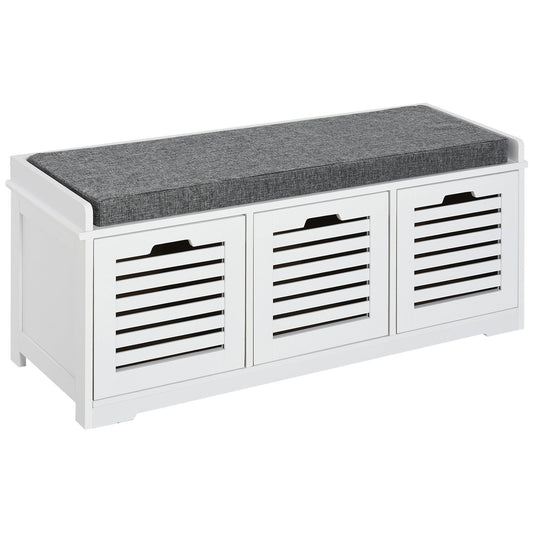 3-Drawer Shoe Storage Bench with Cushion - White