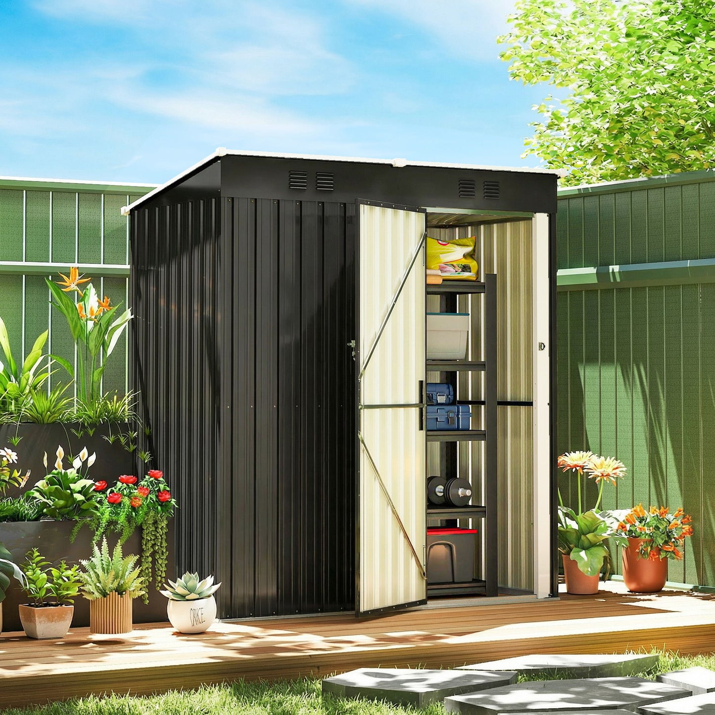5 x 3 ft Outdoor Storage Shed, Lean-to Metal Garden Shed with Lockable Door and Vents, Dark Grey