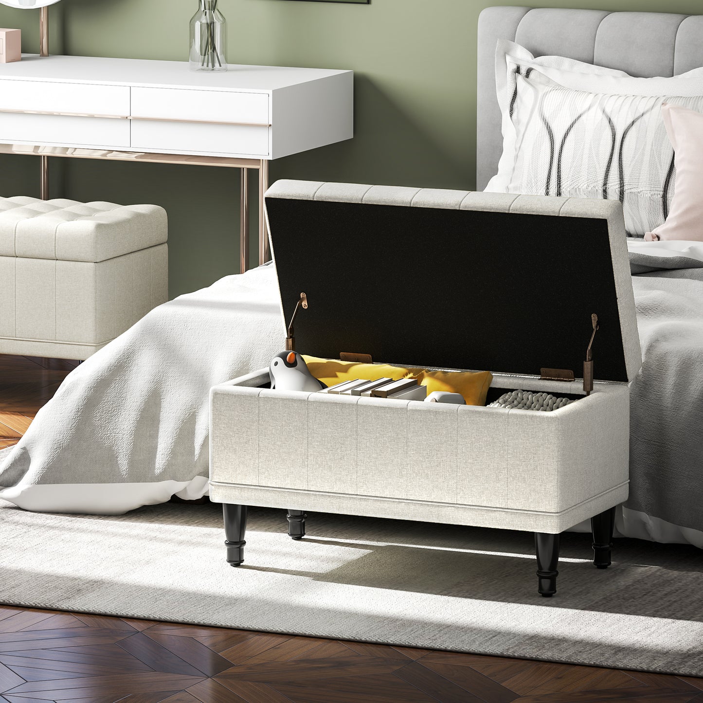 Storage Ottoman, Linen Fabric End of Bed Bench with Button Tufted Storage Bench for Bedroom, Beige