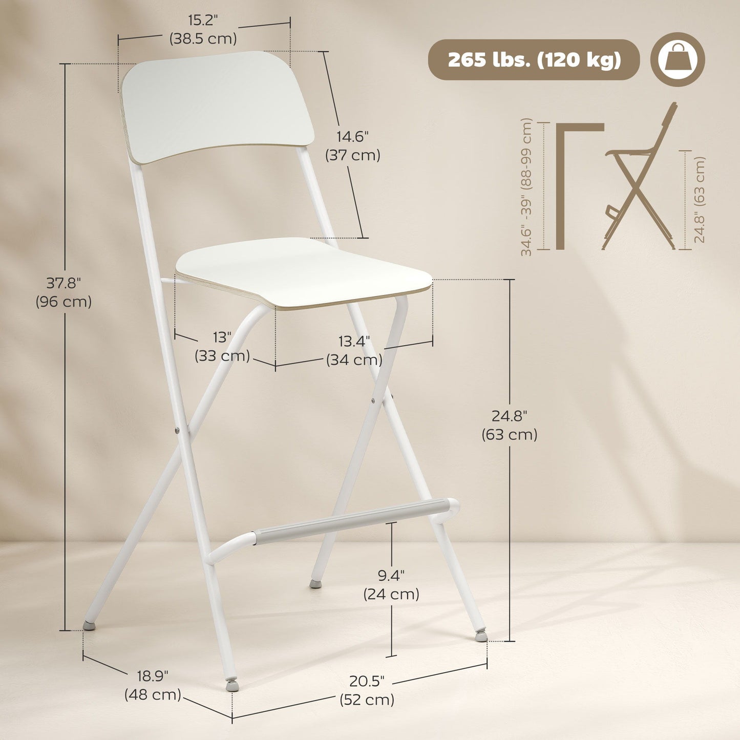 Folding Bar Stools Set of 2, Counter Height Foldable Stool with Wooden Effect Seat and Steel Frame for Kitchen, White