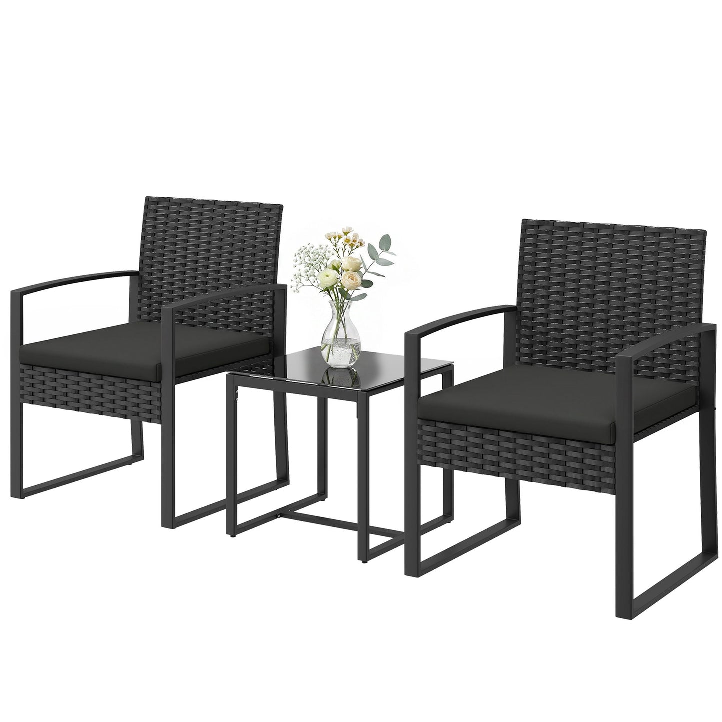 Outdoor Bistro Set, 3 Piece Wicker Patio Furniture Set with Glass Top Table and Cushions for Porch, Balcony, Black