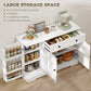 Sideboard Buffet Cabinet, Farmhouse Coffee Bar Cabinet with Door Shelves, Adjustable Shelves, Drawer, Barn Doors, White