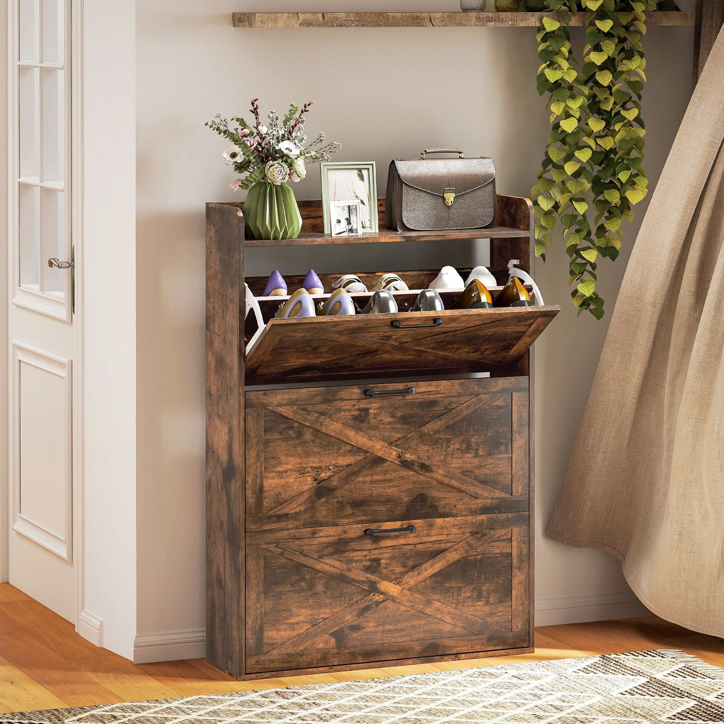 Narrow Shoe Storage Cabinet Farmhouse Shoe Cabinet with 3 Flip Drawers Adjustable Shelves for Entryway Rustic Brown