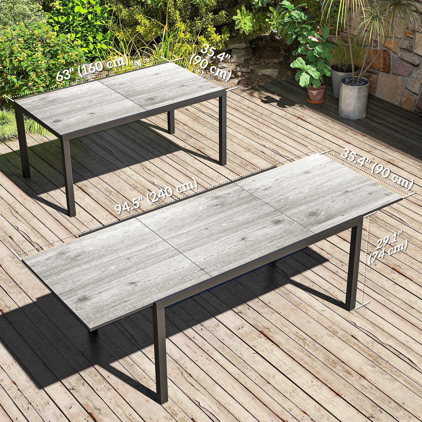 63"-94.5" Extendable Patio Dining Table for 6-8 Person, Outdoor Dining Table with Aluminium Edging, Steel Frame, Grey
