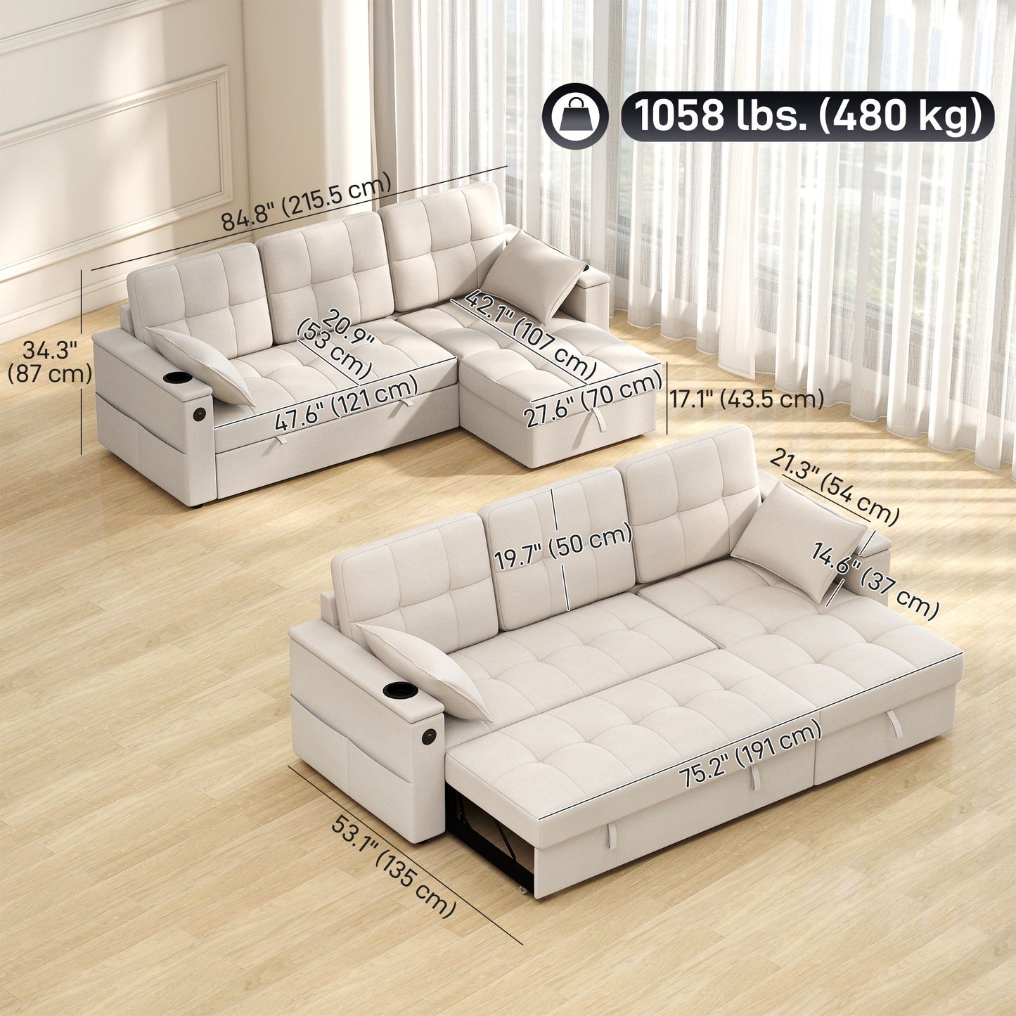 Convertible Sectional Sofa Bed, Pull Out Sleeper Sofa Couch with USB‑A+C, Chaise Storage, L-Shaped Futon Couch, Beige