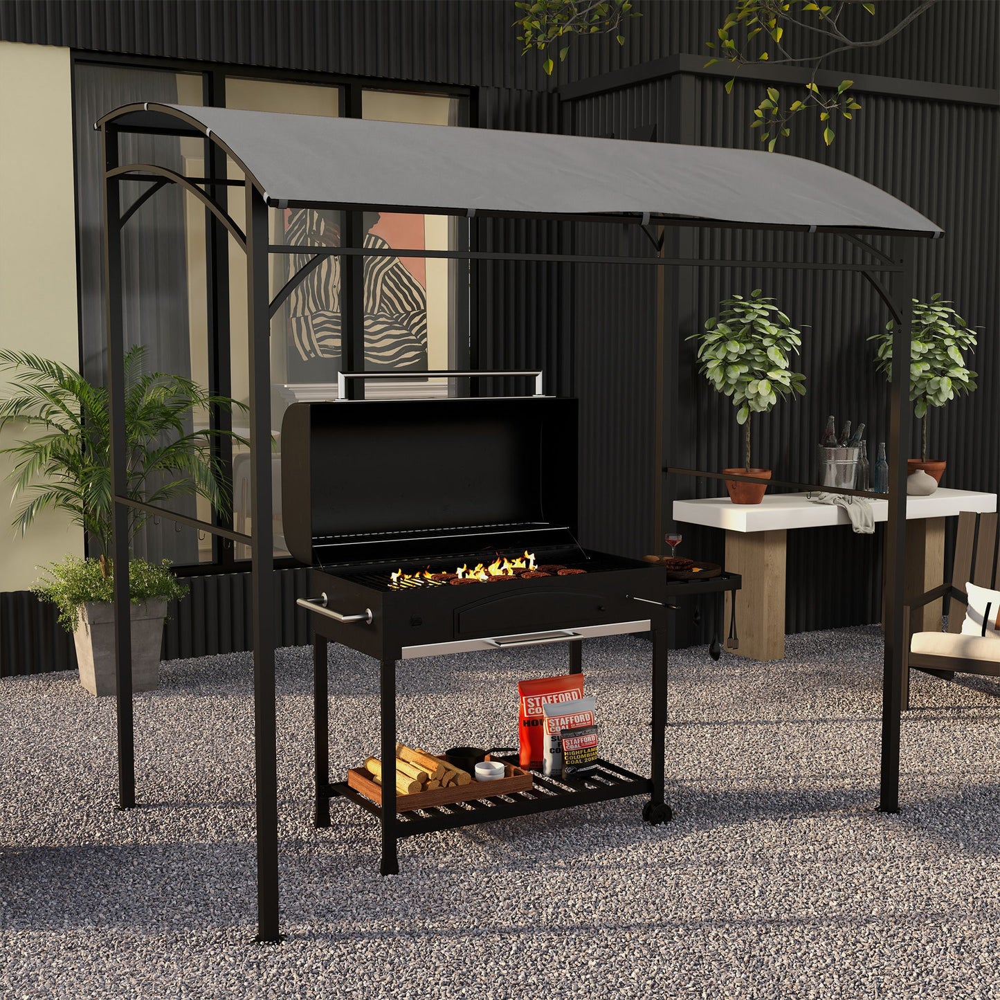 7' x 5' Garden Grill Canopy, BBQ Grill Gazebo Tent with Steel Frame and Hooks, Outdoor Sun Shade, Grey