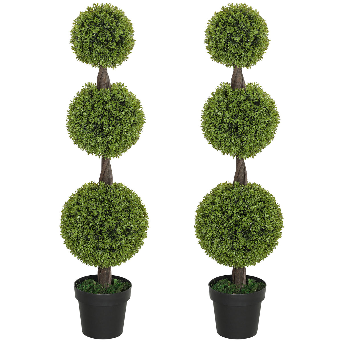 Set of 2 Artificial Ball Boxwood Topiary Trees, Fake Plants in Pots for Indoor Outdoor Decor, Green