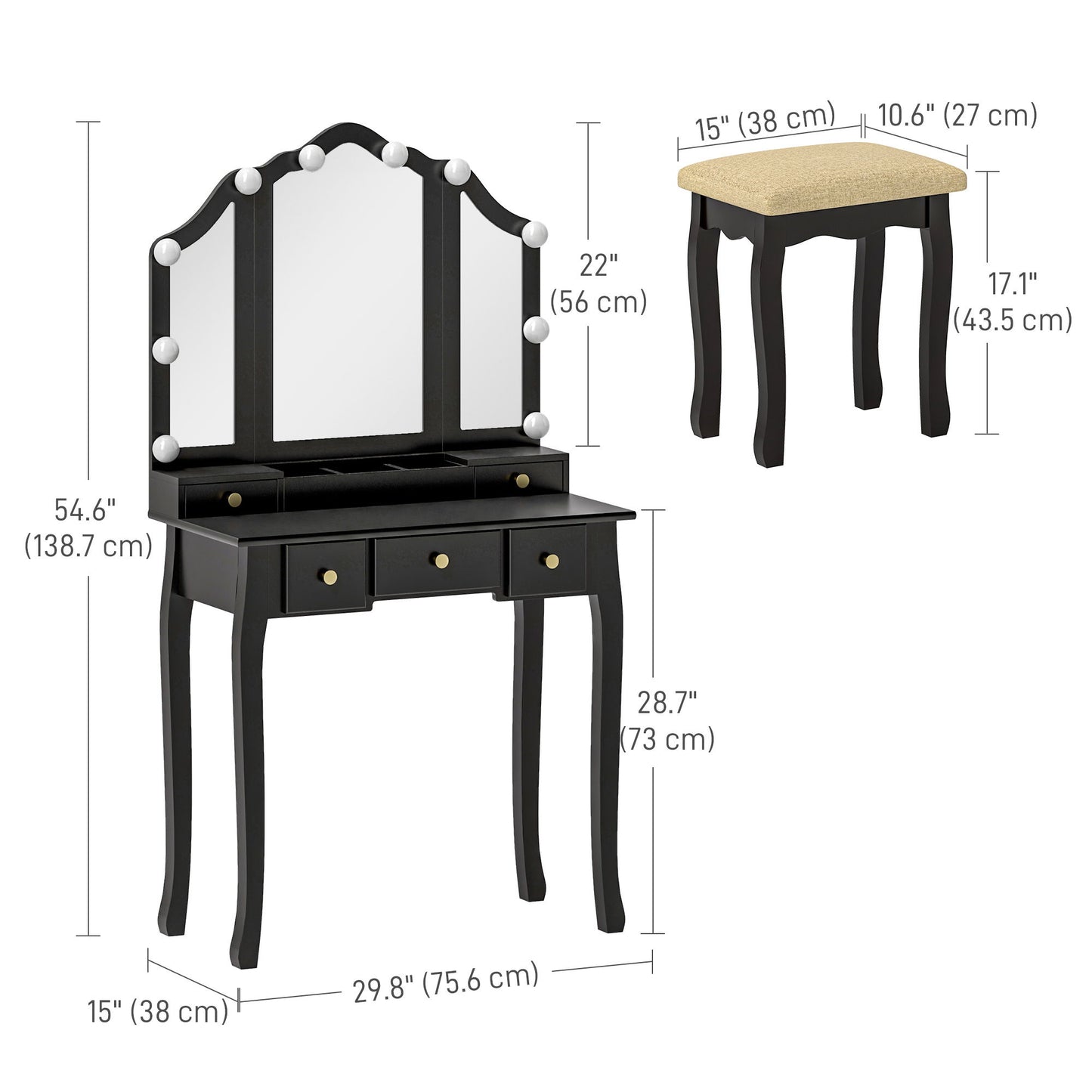 Makeup Vanity Table with Stool, Vanity Set with 10 LED Lights, 5 Drawers and 3 Compartments, Black