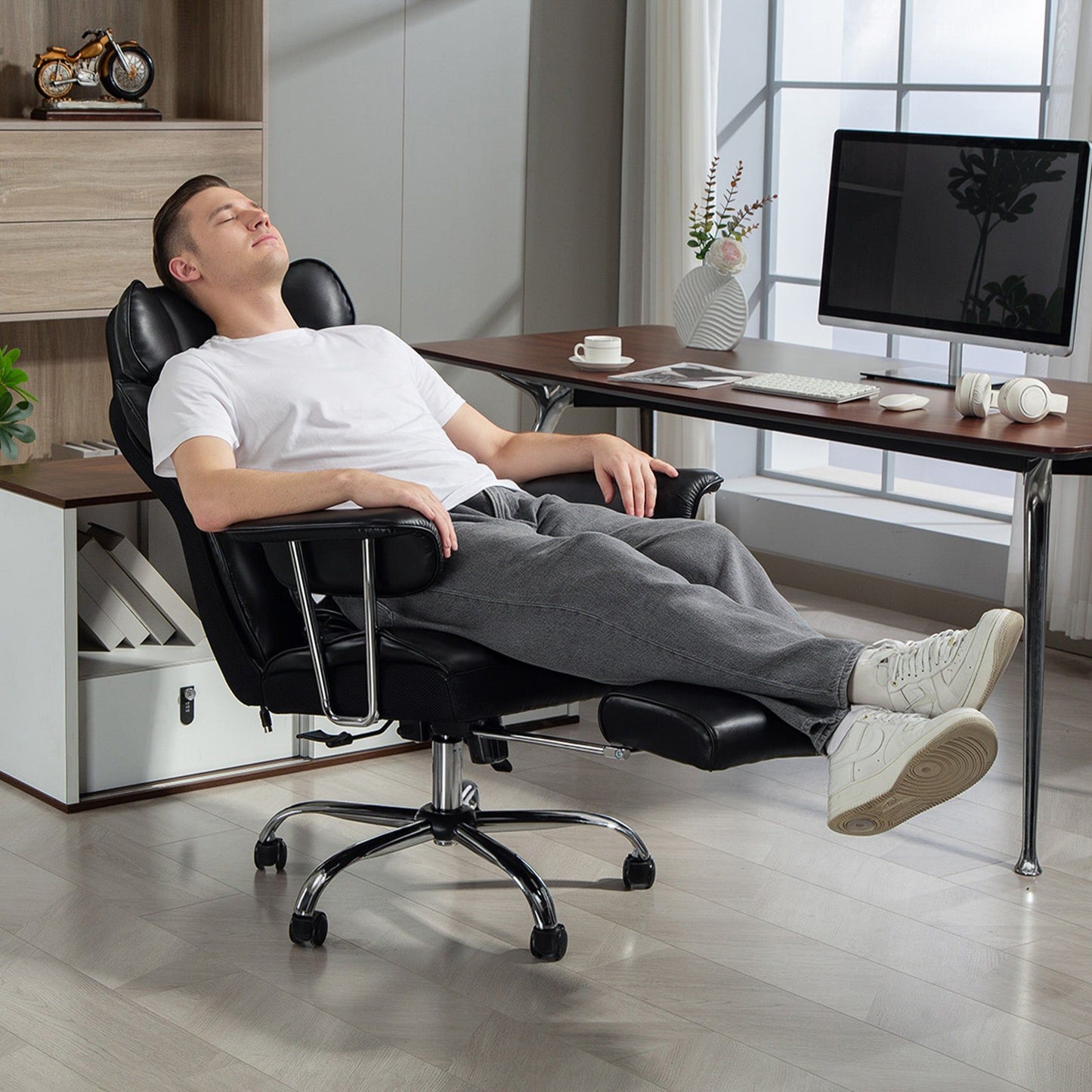 Executive Massage Office Chair with Footrest - Black