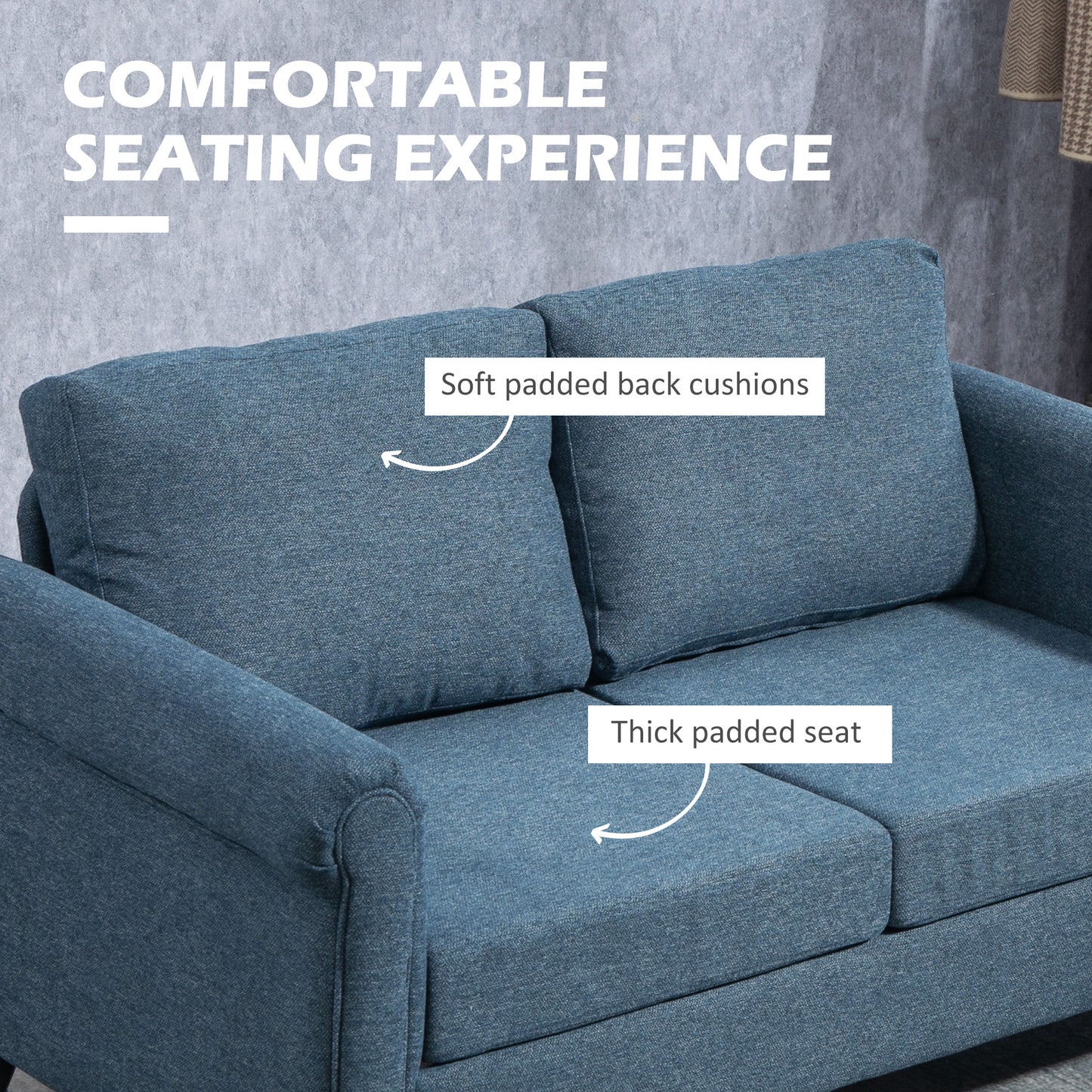 Vintage Loveseat, Upholstered Love Seat Furniture, Fabric 2 Seater Sofa with Rolled Arms, Rubber Wood Legs, Dark Blue