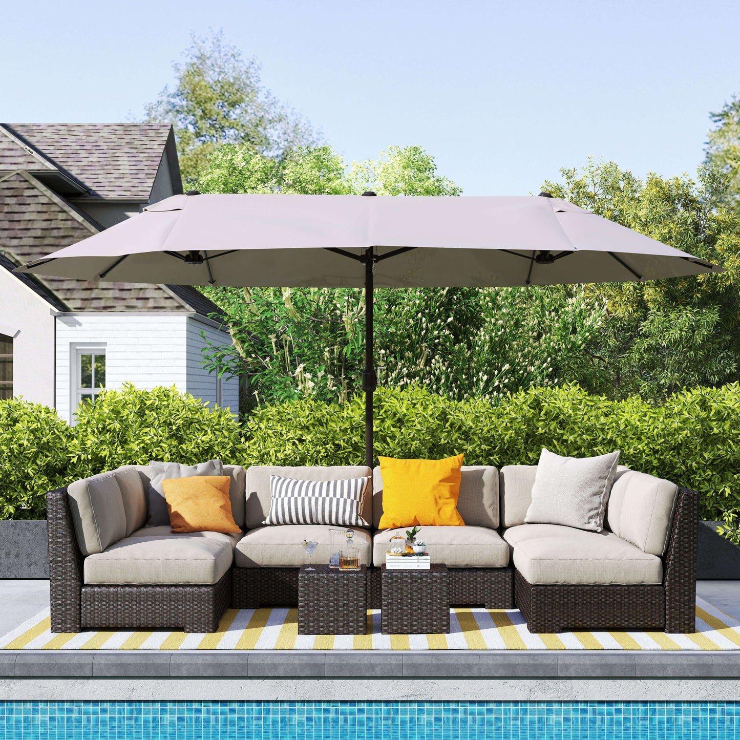 15'x 8.7' Outdoor Patio Umbrella with Twin Canopy Backyard Umbrella with Lift Crank Tan