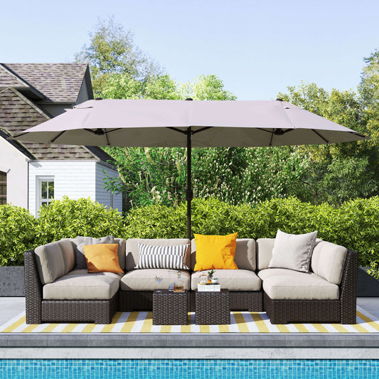 15'x 8.7' Outdoor Patio Umbrella with Twin Canopy Backyard Umbrella with Lift Crank Tan