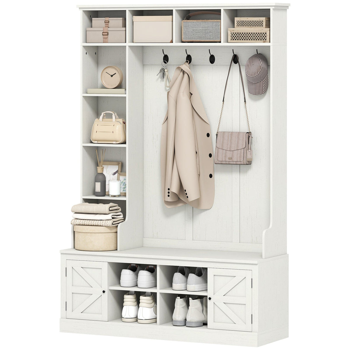 Hall Tree Storage Bench with Coat Rack - White Wood Grain