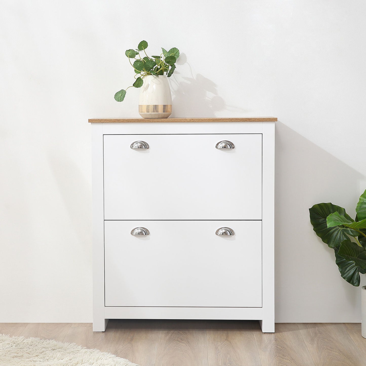 Modern Shoe Cabinet with 2 Flip Drawers and Adjustable Shelves, 12 Pair Shoe Storage Organizer for Hallway, White