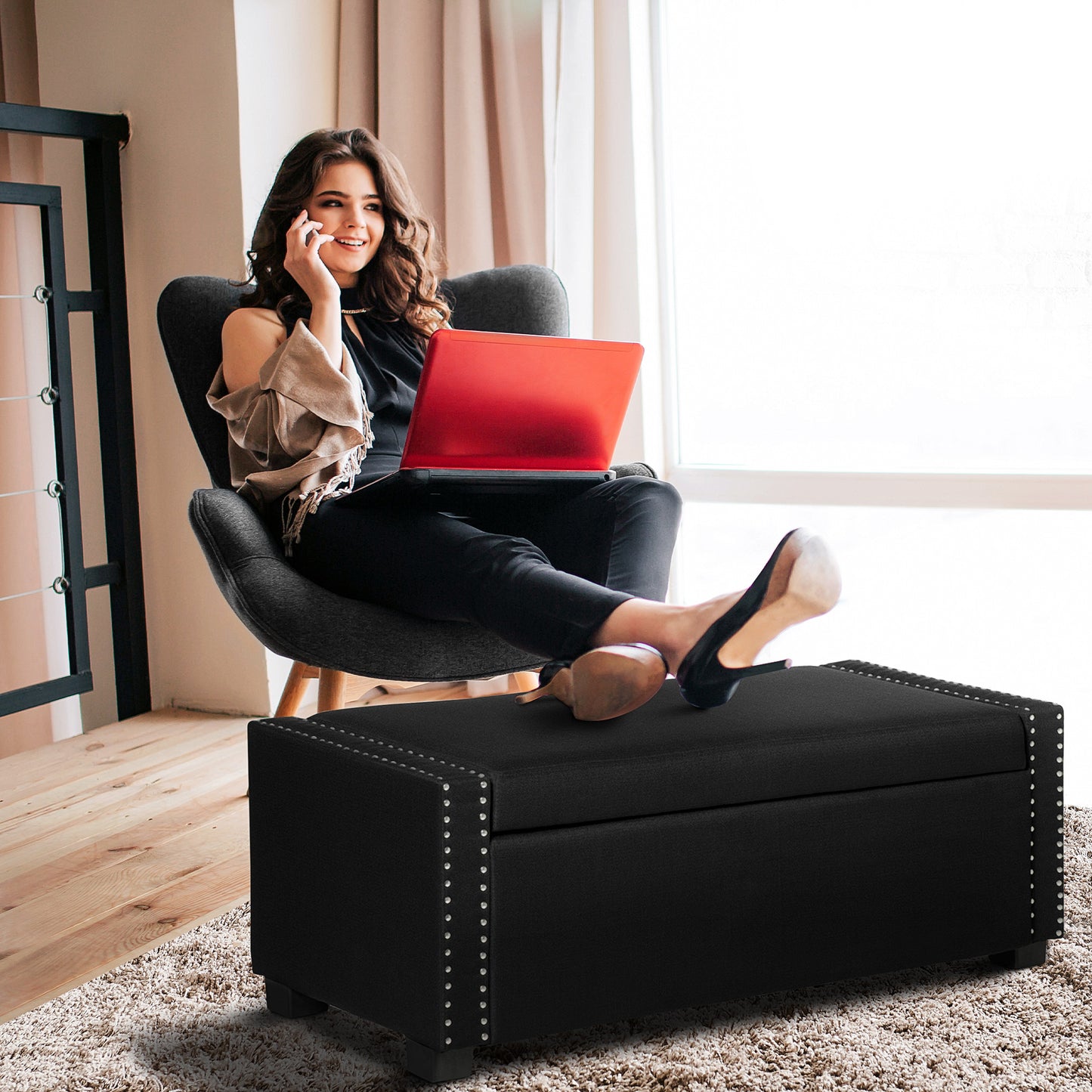 Upholstered Flip Top Storage Bench Fabric Ottoman for Bedroom, Living room, Dark Grey