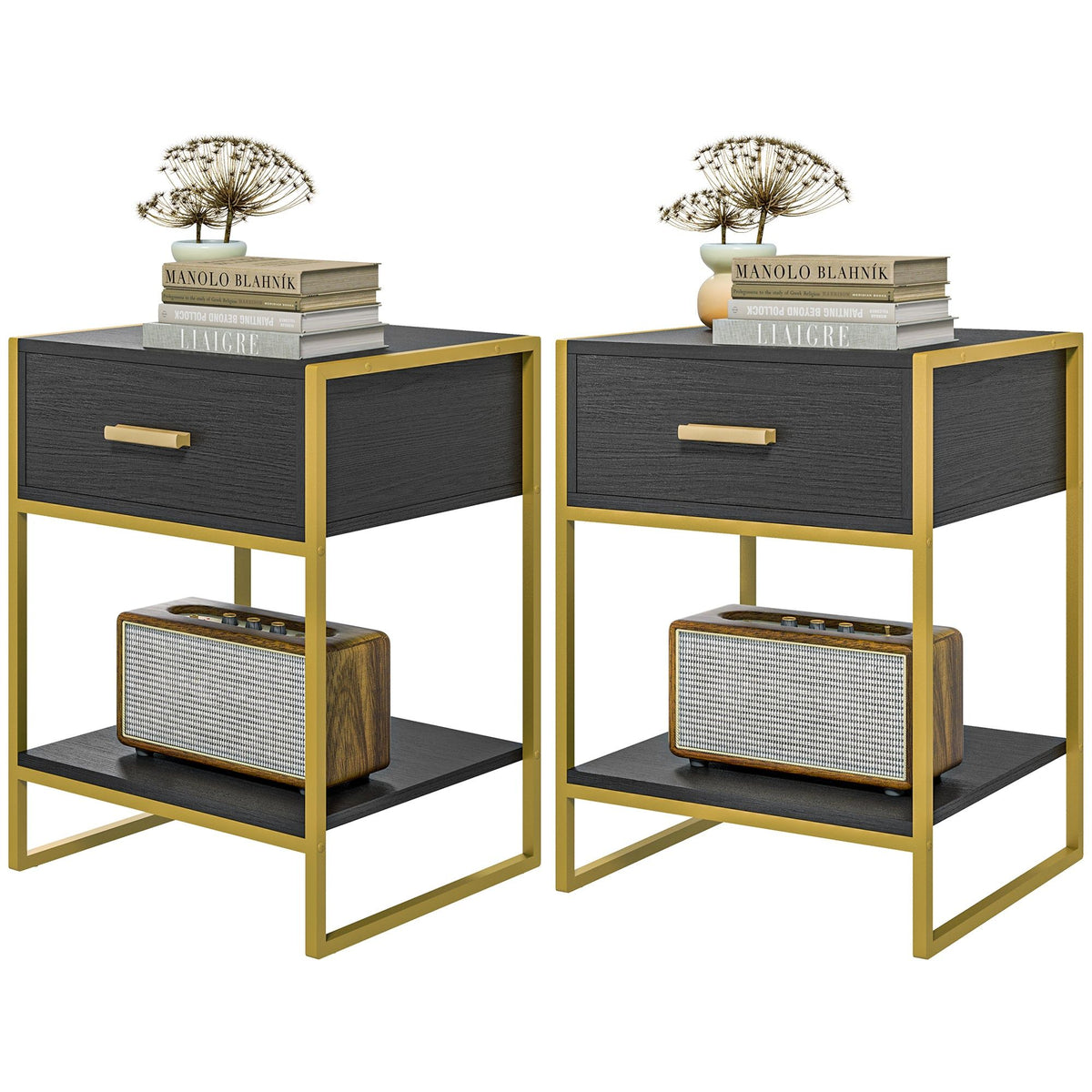 Nightstand Set of 2 with Drawer and Shelf - Black