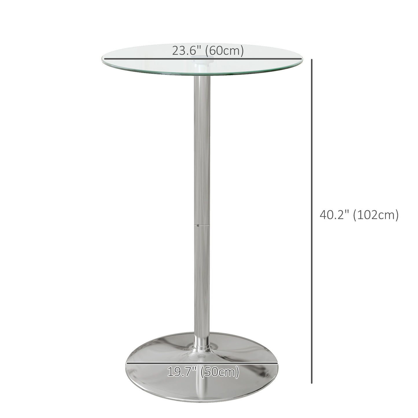 High Top Bar Table, Round Kitchen Table with Tempered Glass Top and Steel Base, Bistro Table for 2 People, Clear