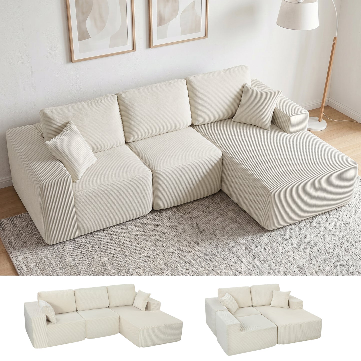 2-in-1 Modular Sectional Sofa, Boneless L Shaped Couch Sofa Bed, Cream White