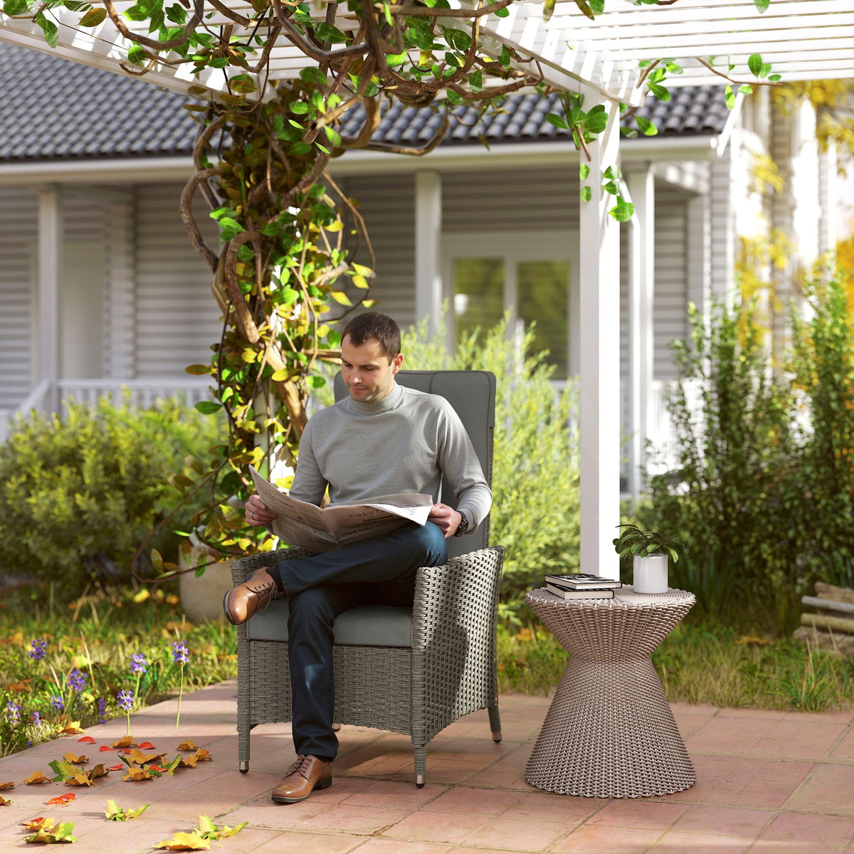 Wicker Outdoor Recliner Chair, Wicker Reclining Patio Chair with Adjustable Backrest and Cushion, Grey
