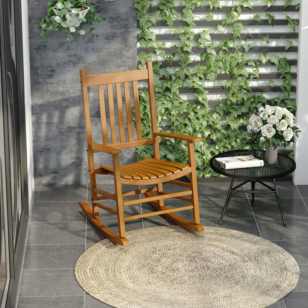 Wooden Porch Rocking Chair Outdoor Patio Rocker Garden Single Leisure Reclining Seat Armchair Natural