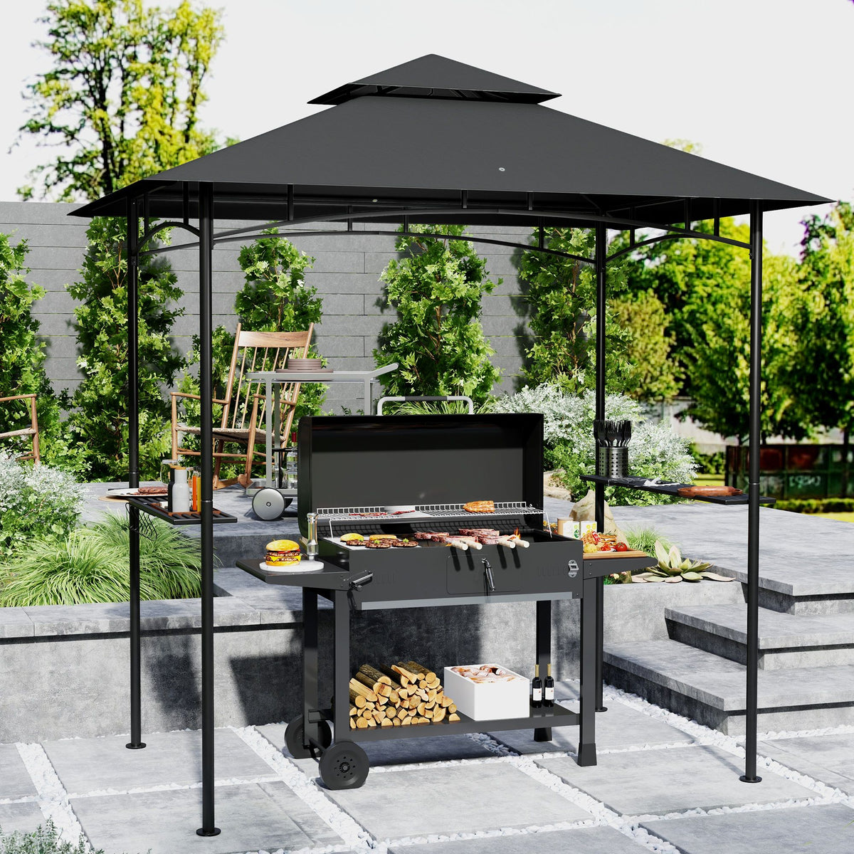 8' x 5' Outdoor Grill Gazebo, Double Tiered Barbecue Grill Gazebo Shelter with 2 Side Shelves, Hooks, Dark Grey