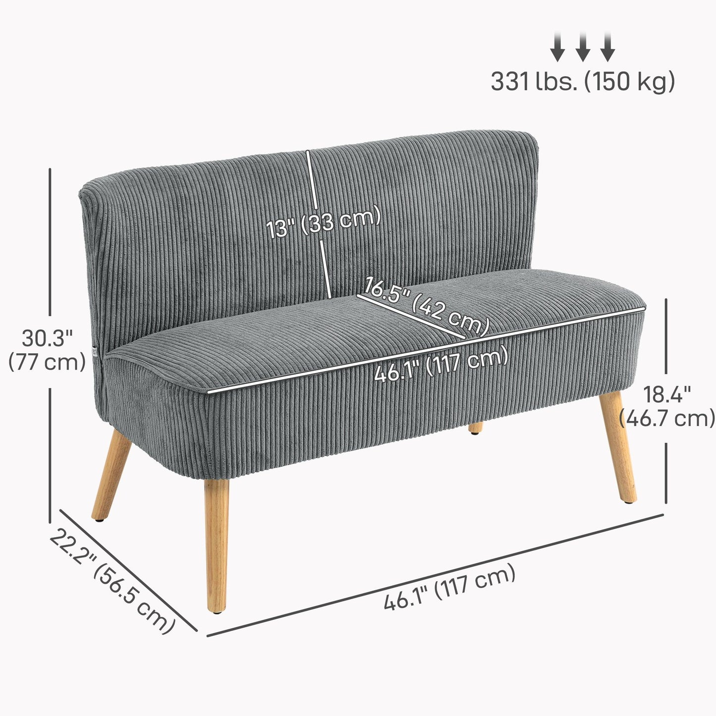 2-Seater Sofa with Rubber Wood Legs - Grey